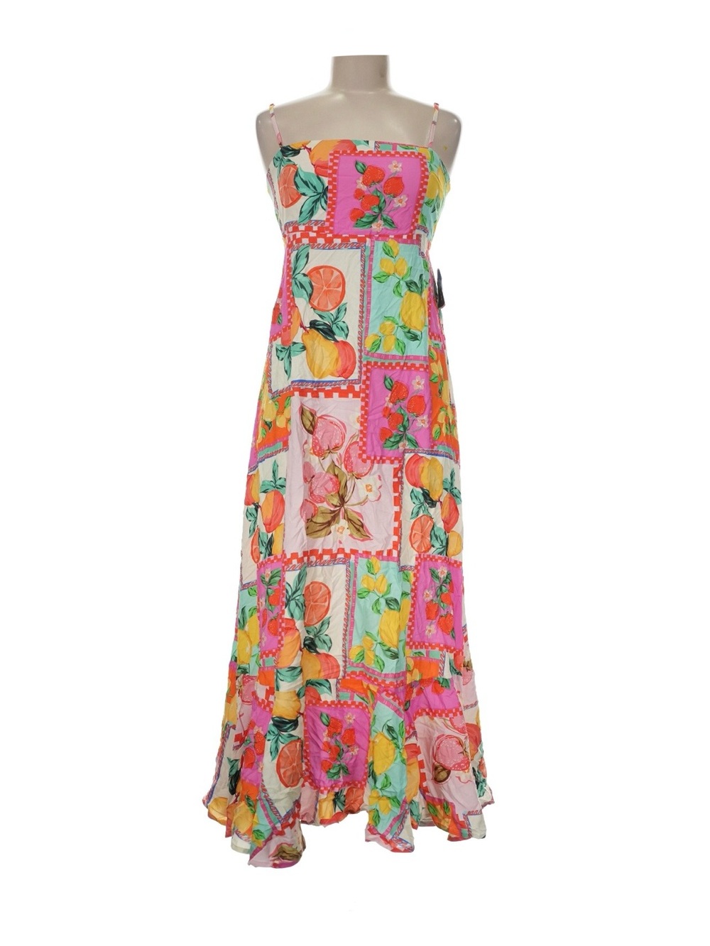 Paper Heart Fruit Patchwork Midi Dress Pink Lemon Berry Print Tiered Size M